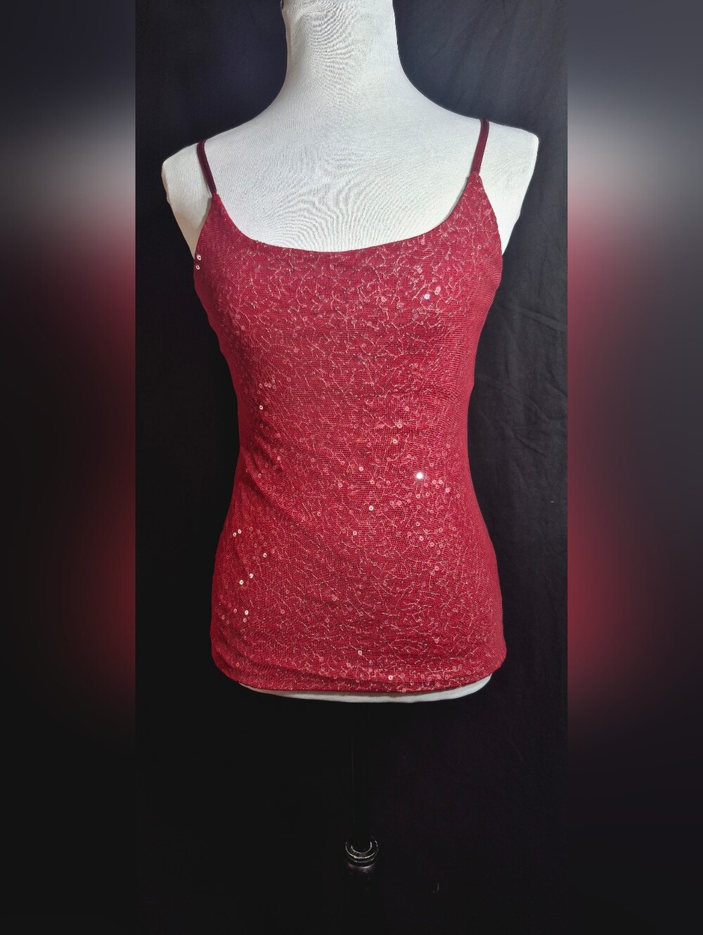 Red Sequin Lace-Overlay Cami Tank Top